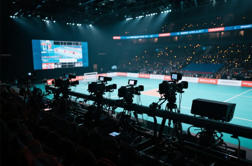 体育转播多机位拍摄与现场大屏回放的电影感画面
